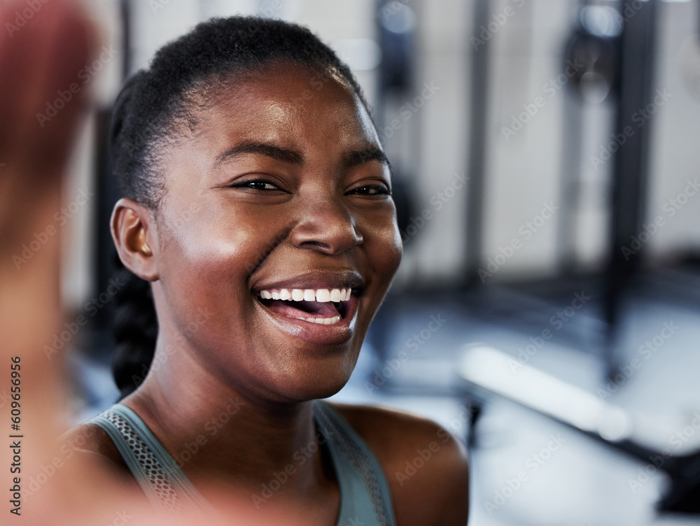 Gym, portrait or black woman laughing in selfie on workout, exercise or ...