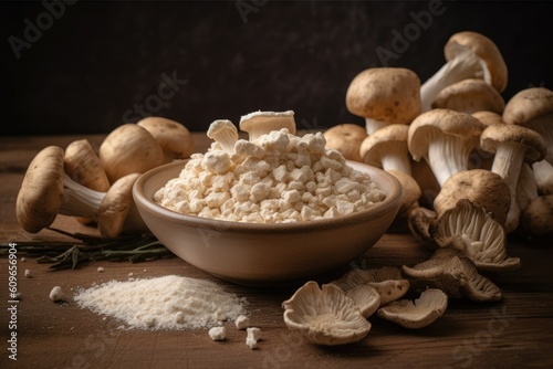 Mycoprotein is an alternative, nutritious protein source with a meat-like texture made from Fusarium venenatum. Mycoprotein is a type of protein that comes from a fungus. AI generative photo