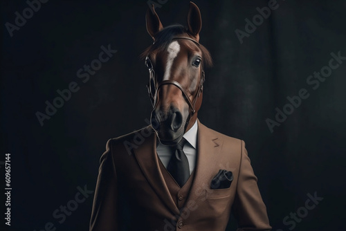 Portrait of a Horse dressed in a formal business suit, Boss Horse, created with generative AI