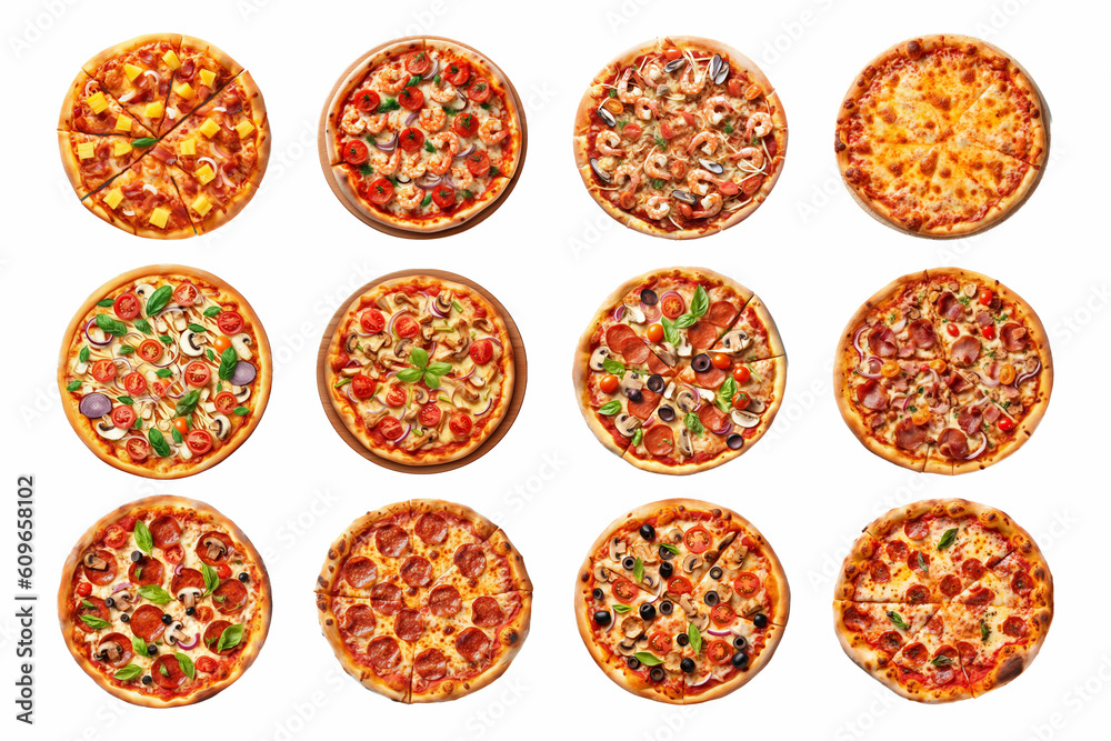 Top view pizza collection isolated on white background with AI generated.
Top view pizza collection isolated on white background with AI generated.