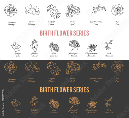 birth flower line art black and white and rose gold series set