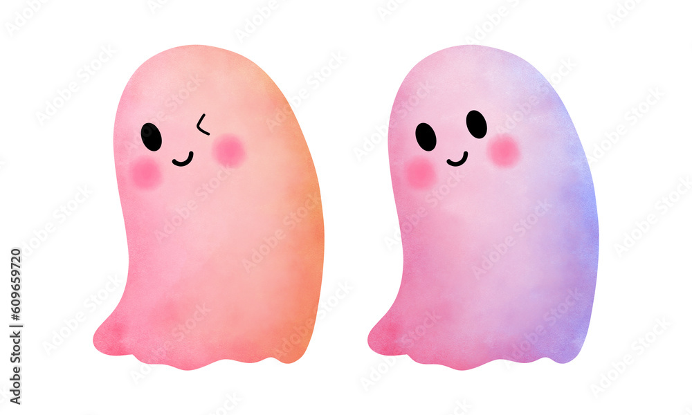 Set of watercolor pink and yellow baby ghost illustration isolated on transparent background. Set of watercolor pink and yellow baby ghost illustration isolated on transparent background.