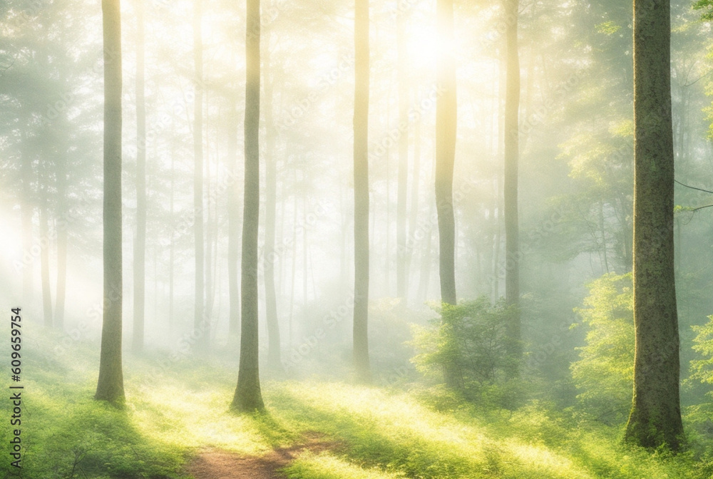 Misty Morning Forest: A misty morning scene with sunlight filtering through the trees and creating an ethereal atmosphere.generative ai
