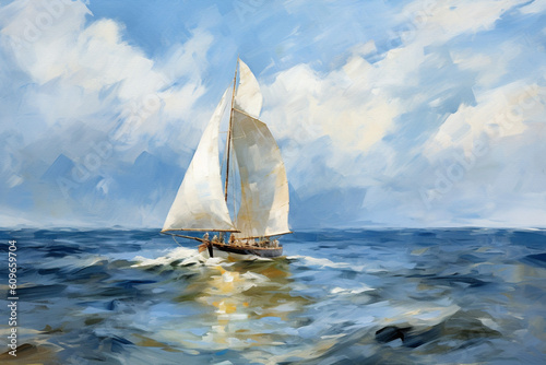 Digital oil painting of sailing boat on the sea, impressionism, beautiful artistic image with brush strokes and canvas texture. Generative AI.