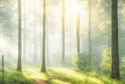 Misty Morning Forest: A misty morning scene with sunlight filtering through the trees and creating an ethereal atmosphere.generative ai © Jyoda