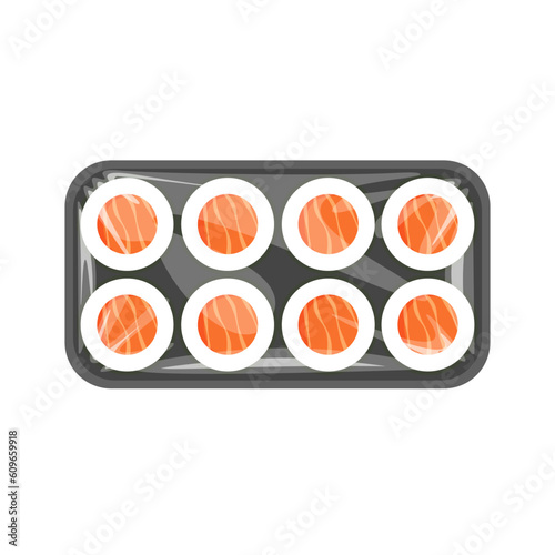 Vector sushi take away. Plastic box with japanese food with cellophane cover. Top view.