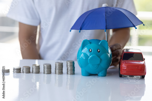 Protection, pile of coins and mockup house with umbrella hand holding on white background, financial insurance and safe investment concept