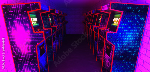 arcade machines in a game hall (3d rendering)