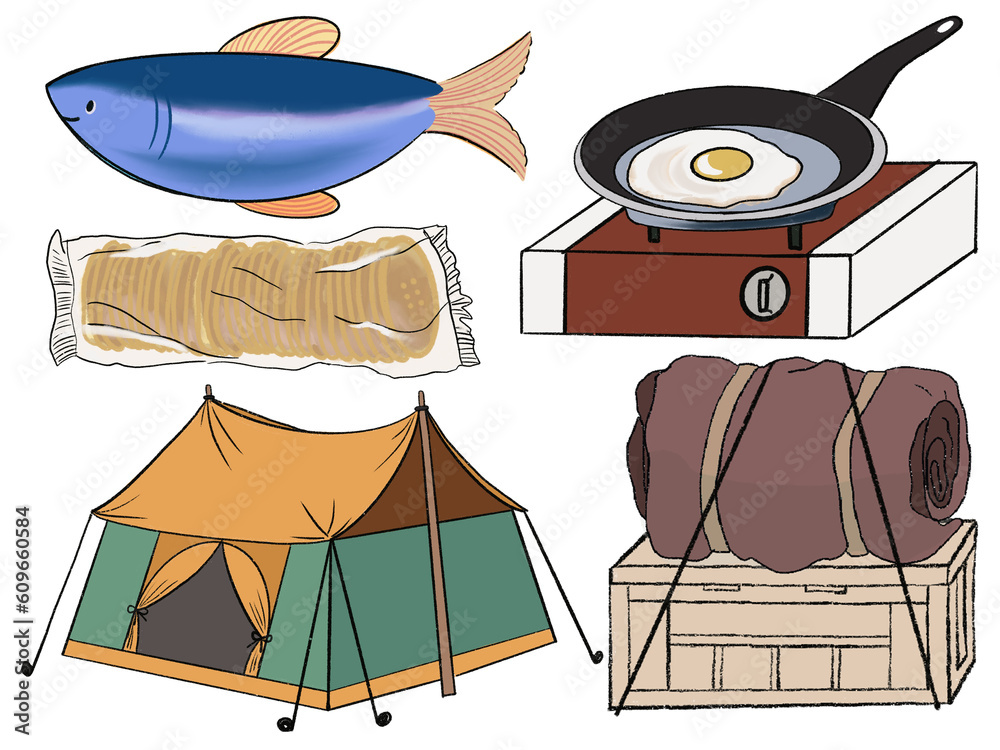 Hand drawn camping and outdoor recreation elements, isolated on white ...