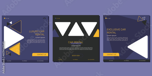 Set of editable square banner template. Car rental banner with black and red color background. Flat design vector with photo collage. Usable for social media, story and web internet ads.