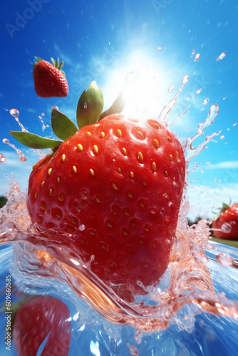 freshness healthy splash blue fruit red fresh strawberry background food water. Generative AI.