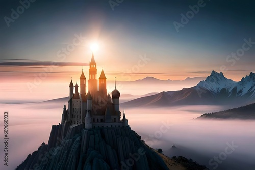 castle amidst solitude of rocky hills at sunrise
