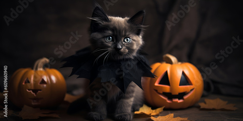 Kitten in the halloween costume with jack pumpkin. Generated AI Generative AI © AnaV