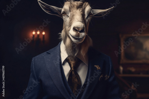 Portrait of a Goat dressed in a formal business suit, Boss Goat, created with generative AI
