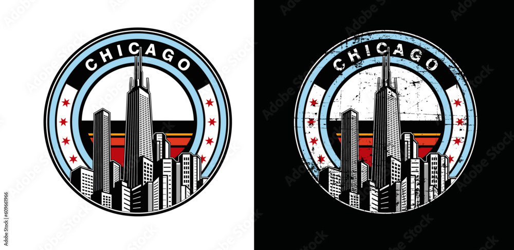 Obraz premium chicago cityscape, landscape, tall buildings logo illustration 1
