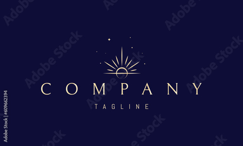 Vector golden logo on which an abstract image of a shining sun on the horizon.