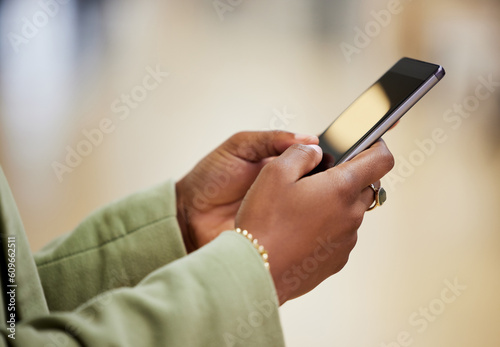 Woman, hands and phone screen typing in social media for communication, web or networking on mockup. Hand of female person on mobile smartphone app for online chatting or texting on mock up display