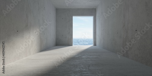 Abstract large, empty, modern concrete room hallway with door opening with ocean view and rough floor - industrial interior background template
