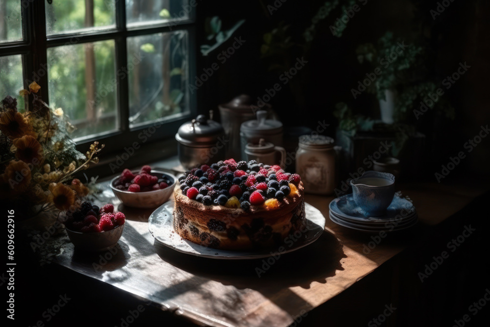 Fototapeta premium Wild berry Cake. Created using generative Al tools.