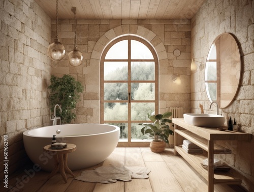 vintage style bathroom with brick wall  window and natural light. Generative AI