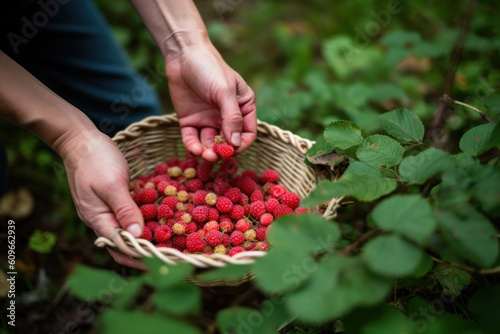 Hands holding wild raspberries. Created using generative Al tools.