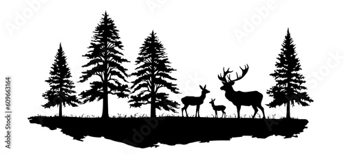 Black silhouette of deer family with baby and forest fir trees wildlife adventure hunting camping landscape panorama illustration icon vector for logo, isolated on white background (Generative Ai) photo