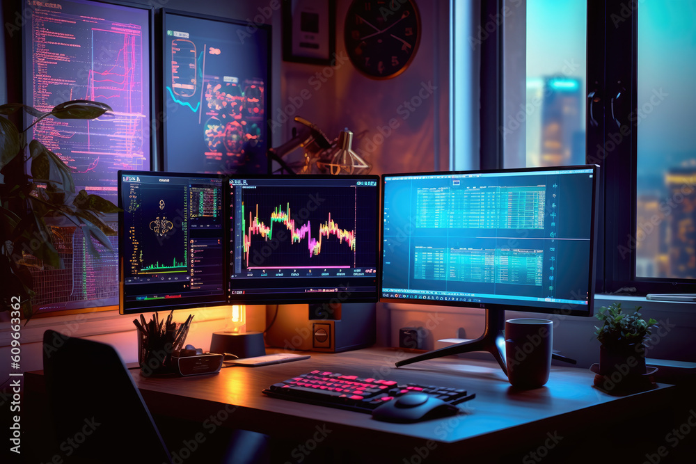 Stock graphs on a monitor in a beautiful office - ai generative Stock graphs on a monitor in a beautiful office - ai generative