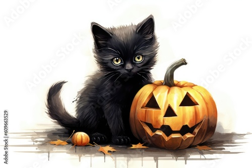 Cute Black Cat Art next to a Halloween Pumpkin © Arthur