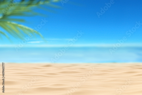 Sandy beach with the blue ocean and blue sky background. 3D Illustration. © Inti imaging
