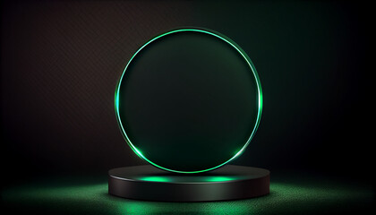  Green light round podium and black background for mockup Ai generated image