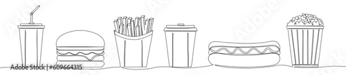 One line fast food. Hamburger, french fries, hot dog, popcorn etc. Vector set.
