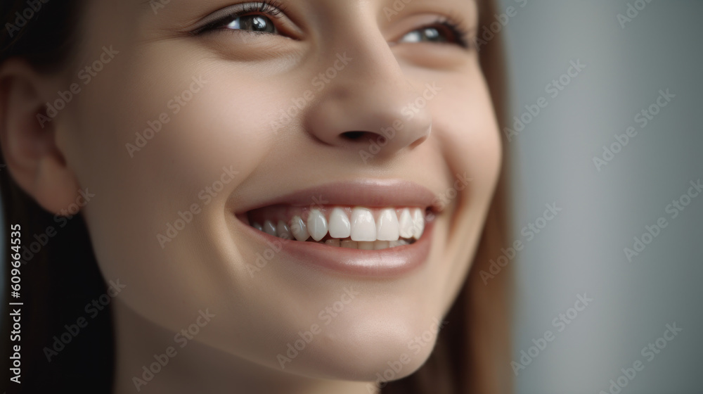 Snow-white smile, healthy teeth. Female smile after teeth whitening procedure. Portrait of young European smiling woman looking away against light background. Problems of dentistry. Generative AI Snow-white smile, healthy teeth. Female smile after teeth whitening procedure. Portrait of young European smiling woman looking away against light background. Problems of dentistry. Generative AI