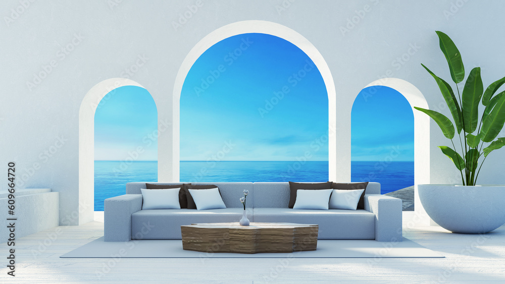 Sea View Beach Luxury Living Room - Santorini island style - 3D rendering Sea View Beach Luxury Living Room - Santorini island style - 3D rendering