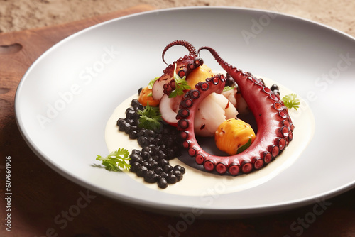 colorful octopus dish in white plate on wooden background