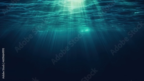 Dark blue ocean surface seen from underwater. Illustration of sun light rays under water. Generative AI for banner, poster, cover, brochure or presentation. © Login