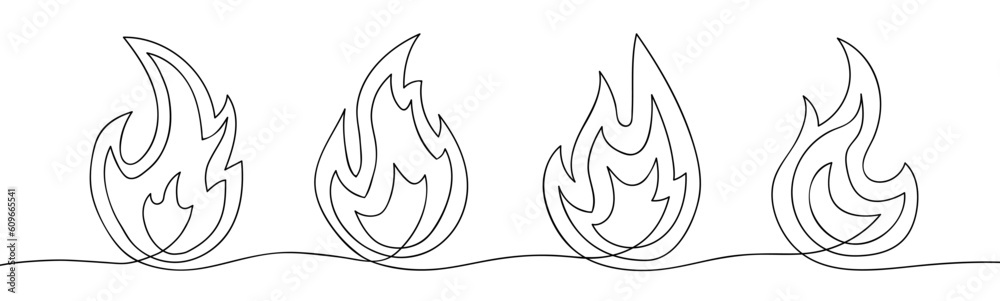 Fire in one line. Bonfire or flame. Explosion or fire concept. Continuous line style. Vector set