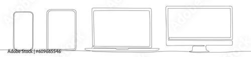 One line screen mockup devices. Monitor smartphone, tablet, laptop and computer. Continuous line style. Vector set.