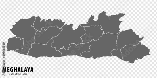 Blank map State  Meghalaya of India. High quality map Meghalaya with municipalities on transparent background for your web site design, logo, app, UI. Republic of India.  EPS10.