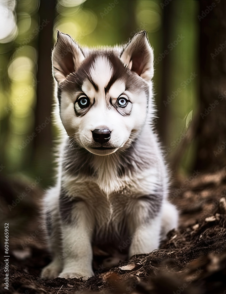 Obraz premium Baby Husky, Puppy Dog, Adorable, Wall Art, Nursery Art, Animal, Pet. Generative AI.