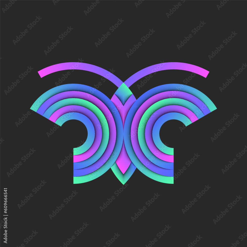 Butterfly logo made of layers circular stripes of vibrant paper on dark background, insect bright gradient with shadows, fashion emblem for t-shirt print or sticker creative design. Butterfly logo made of layers circular stripes of vibrant paper on dark background, insect bright gradient with shadows, fashion emblem for t-shirt print or sticker creative design.