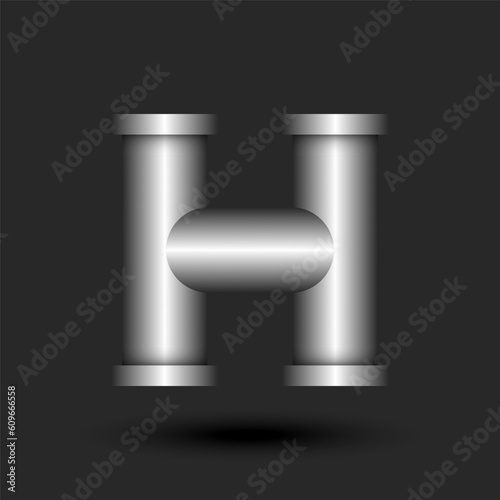 Letter H logo monogram 3d metallic line pipe construction with flanges shape, silver colored creative typography identity, industrial logotype tech design.