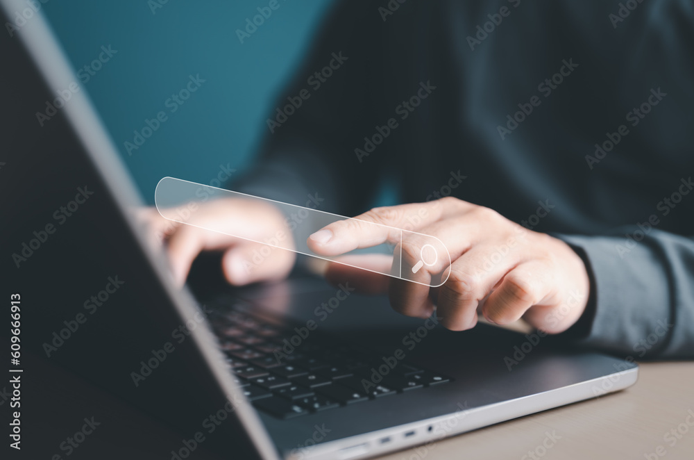 Internet Data Browsing, Search Engine Optimization, or SEO. Freelance hand point on blank search bar with computer laptop to Search for information. Finding knowledge or information on the website. Internet Data Browsing, Search Engine Optimization, or SEO. Freelance hand point on blank search bar with computer laptop to Search for information. Finding knowledge or information on the website.