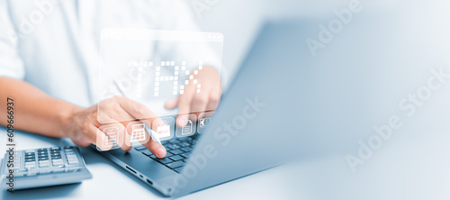Businessman using computer laptop to complete Individual income tax return by online tax payment. Government, State taxes. Data analysis, Financial research, paperwork, report. Calculation refund tax.