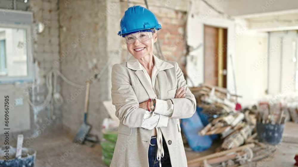 Middle age blonde woman architect smiling confident standing with arms crossed gesture at construction site Middle age blonde woman architect smiling confident standing with arms crossed gesture at construction site