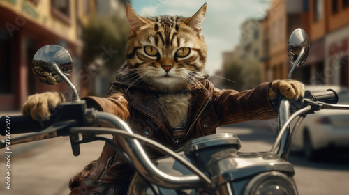 Cool cat biker on a motorcycle in a suit in the city. AI generated.