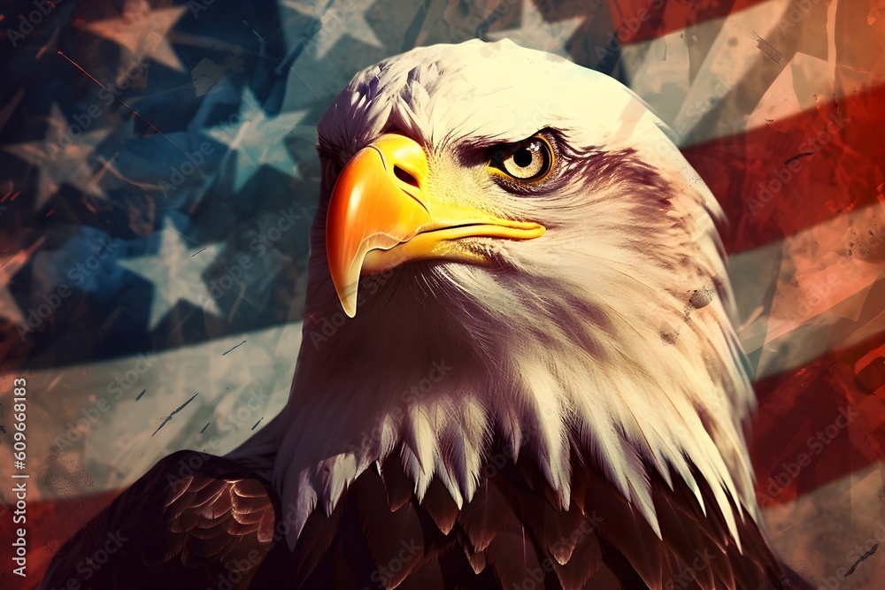 Fototapeta premium American eagle portrait on the background of the flag of the United States