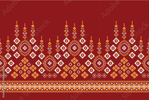 Ethnic geometric fabric pattern Cross Stitch.Ikat embroidery Ethnic oriental Pixel pattern red background. Abstract,vector,illustration. Texture,clothing,scarf,decoration,motifs,silk wallpaper.