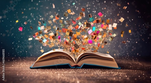 a book blowing with confetti flying over a blue background, ai generative