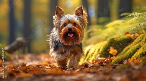 Illustration of a playful Yorkshire Terrier running through a meadow created with Generative AI technology © AI Visual Vault