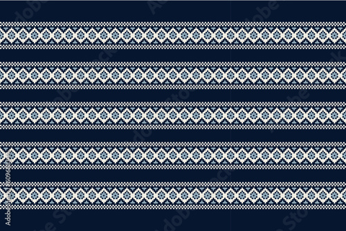 Ethnic geometric fabric pattern Cross Stitch.Ikat embroidery Ethnic oriental Pixel pattern navy blue background. Abstract,vector,illustration. Texture,clothing,scarf,decoration,motifs,silk wallpaper.